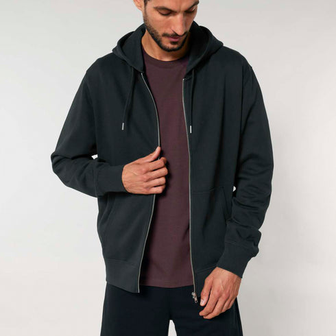 Front view of men’s black organic cotton brushed heavyweight zip up sweatshirt on model – Louvóre apparel