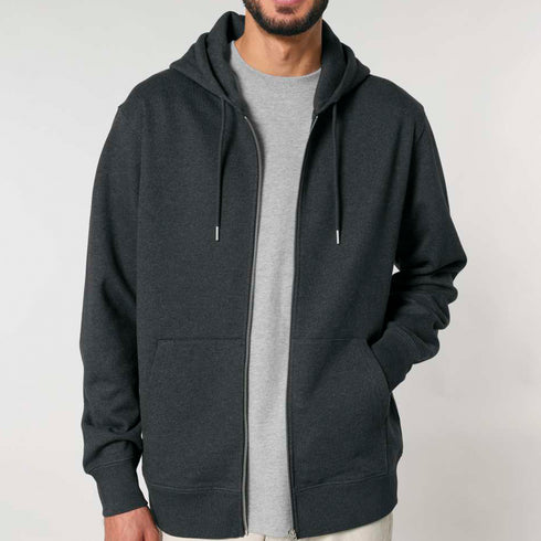 Front view of men’s dark heather gray organic cotton brushed heavyweight zip up sweatshirt on model – Louvóre apparel
