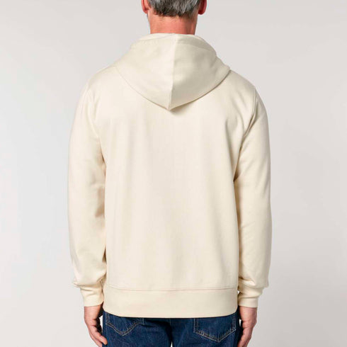 Back view of men’s natural organic cotton brushed heavyweight zip up sweatshirt on model – Louvóre apparel