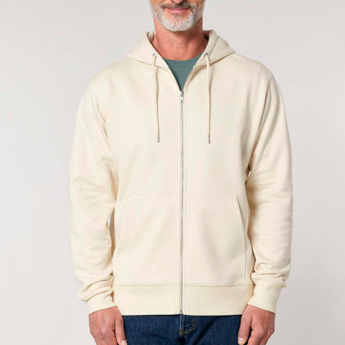 Front view of men’s natural organic cotton brushed heavyweight zip up sweatshirt on model – Louvóre apparel