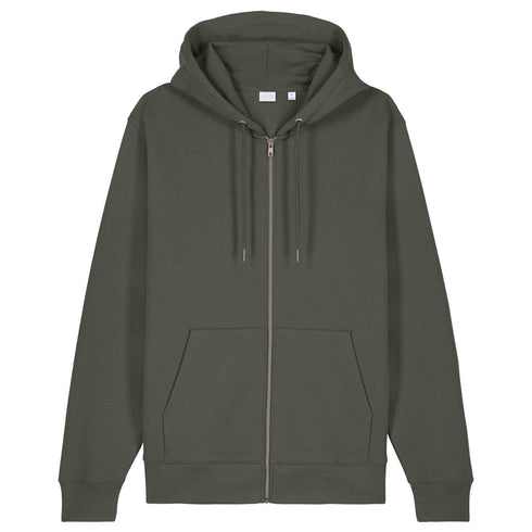 Front view flat lay of men’s olive green organic cotton brushed heavyweight zip up sweatshirt – Louvóre apparel