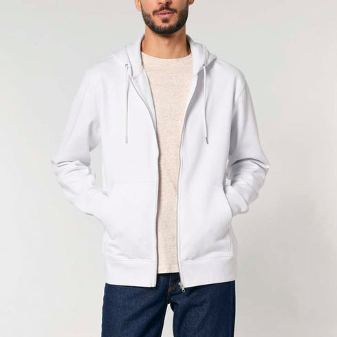 Front view of men’s white organic cotton brushed heavyweight zip up sweatshirt on model – Louvóre apparel