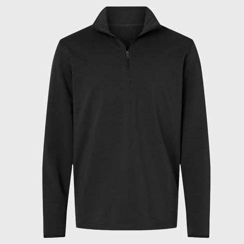 Front view flat lay of men’s black performance quarter zip – Louvóre apparel