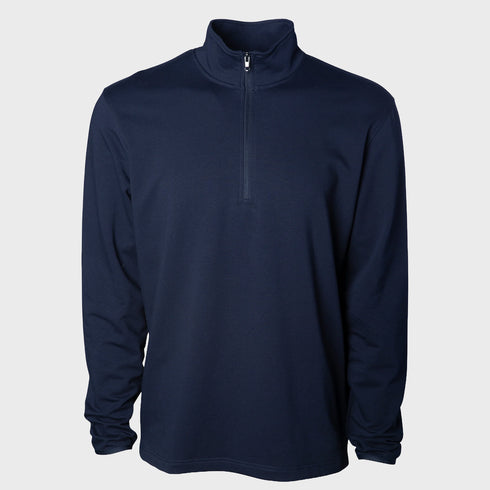 Front view flat lay of men’s navy blue performance quarter zip – Louvóre apparel