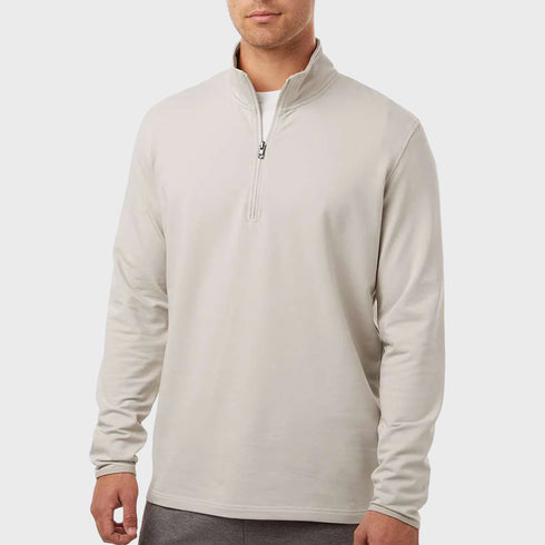 Front view of men’s oat performance quarter zip on model – Louvóre apparel