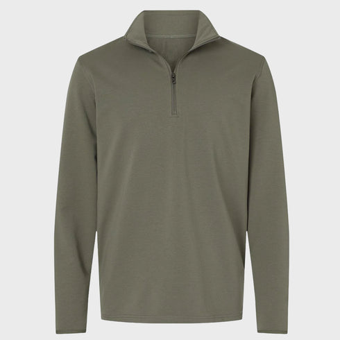 Front view flat lay of men’s olive green performance quarter zip – Louvóre apparel