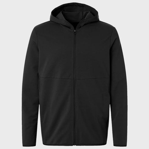 Front view flat lay of men’s black performance zip up hooded jacket – Louvóre apparel