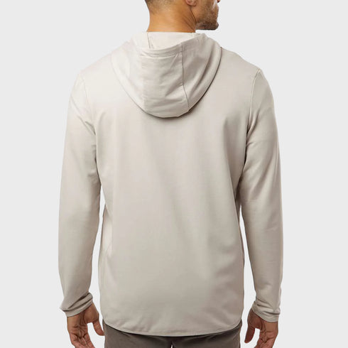 Back view of men’s cream oat performance zip up hooded jacket on model – Louvóre apparel