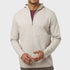 Front view of men’s cream oat performance zip up hooded jacket on model – Louvóre apparel