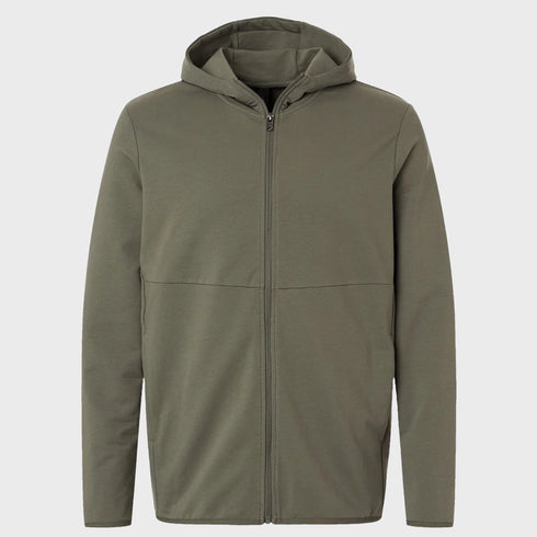 Front view flat lay of men’s pine green performance zip up hooded jacket – Louvóre apparel