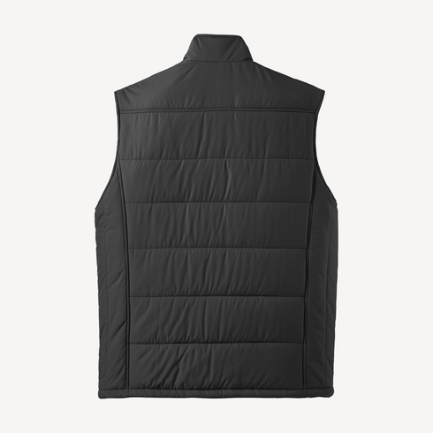 Back view flat lay of men’s black water resistant puffer vest with chest pockets – Louvóre athleisure apparel