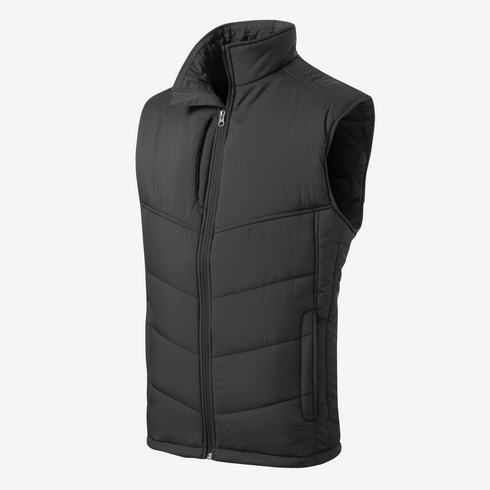Front view flat lay of men’s black water resistant puffer vest with chest pockets – Louvóre athleisure apparel