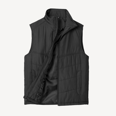 Interior lining flat lay view of men’s black water resistant puffer vest with chest pockets – Louvóre athleisure apparel
