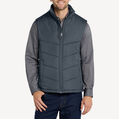 Front view of men’s gray water resistant puffer vest with chest pockets on model – Louvóre athleisure apparel