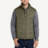 Front view of men’s olive water resistant puffer vest with chest pockets on model – Louvóre athleisure apparel