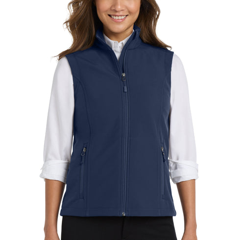 Front view of women’s cream blue navy athletic soft vest on model – Louvóre athleisure apparel