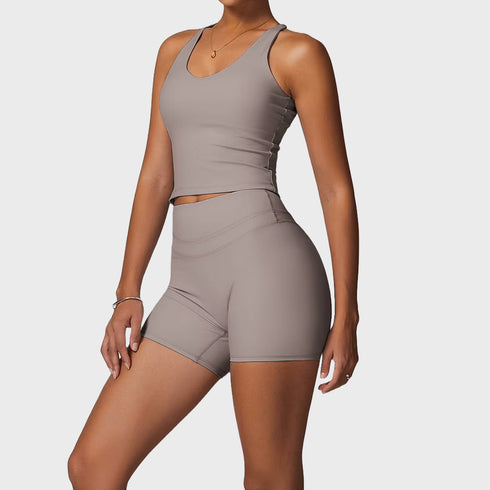 Front view of women’s beige tan khaki athletic tank top and biker shorts set – Louvóre athleisure apparel