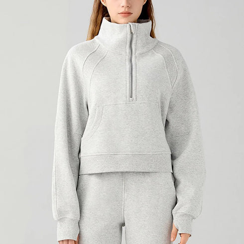 Front view of women’s cropped oversized half zip hoodie on model – Louvóre athleisure apparel