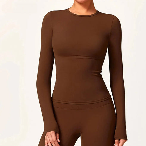 Front view of women’s brown long sleeve sculpting top – Louvóre athleisure apparel