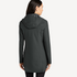 Back view of women’s gray long waterproof rain shell on model – Louvóre apparel