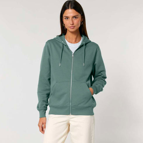 Front view of women’s aloe organic cotton brushed heavyweight 350GSM zip up sweatshirt on model – Louvóre athleisure apparel