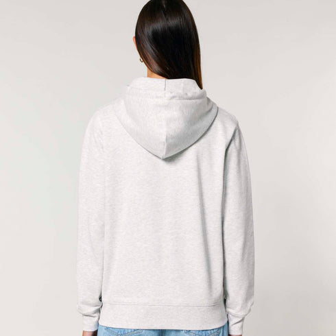 Back view of women’s cool heather gray organic cotton brushed heavyweight 350GSM zip up sweatshirt on model – Louvóre athleisure apparel