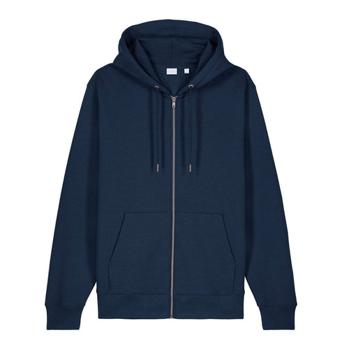 Front view flat lay of women’s French navy organic cotton brushed heavyweight 350GSM zip up sweatshirt – Louvóre athleisure apparel