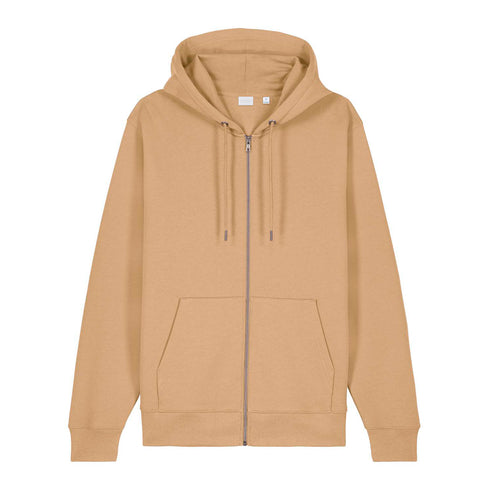 Front view flat lay of women’s latte organic cotton brushed heavyweight 350GSM zip up sweatshirt – Louvóre athleisure apparel