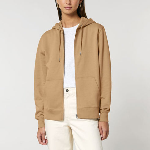 Front view of women’s latte organic cotton brushed heavyweight 350GSM zip up sweatshirt on model – Louvóre athleisure apparel