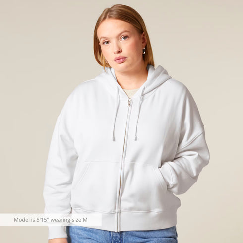 Front view of women’s white organic cotton fleece zip up hoodie on model – Louvóre athleisure apparel