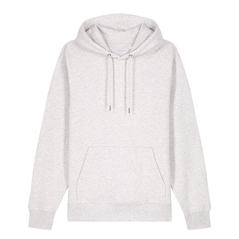 Front view of women’s cool heather gray organic cotton heavyweight medium fit hoodie on model – Louvóre apparel