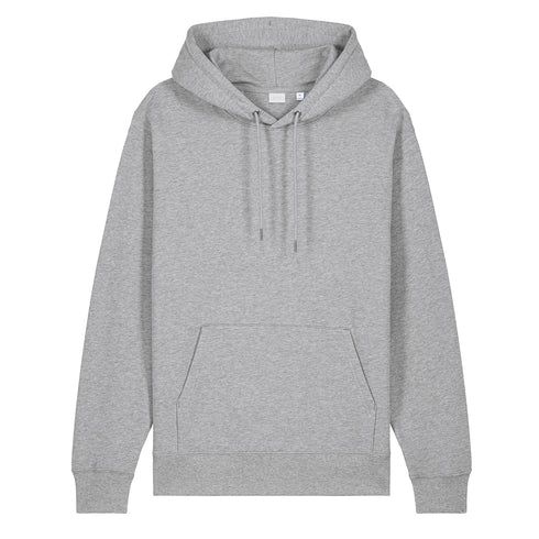 Front view of women’s heather gray organic cotton heavyweight medium fit hoodie on model – Louvóre apparel