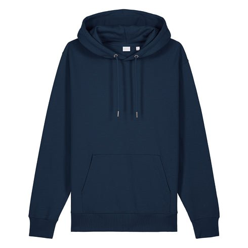 Front view of women’s navy organic cotton heavyweight medium fit hoodie on model – Louvóre apparel