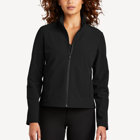 Front view of women’s black stretch soft shell jacket on model – Louvóre apparel