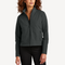 Front view of women’s heather gray stretch soft shell jacket on model – Louvóre apparel