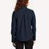 Back view of women’s navy stretch soft shell jacket on model – Louvóre apparel