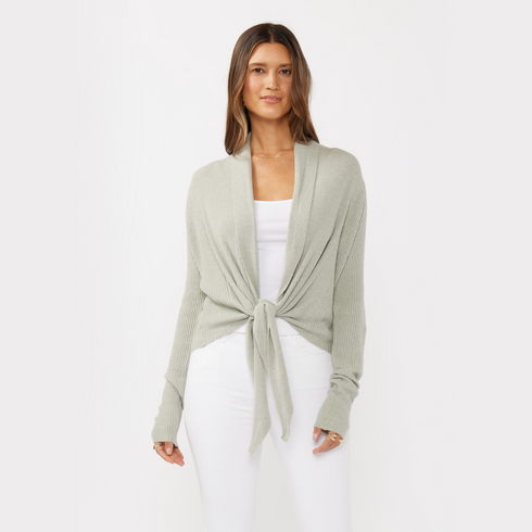 Front view of women’s heather green waffle knit long sleeve tie front cardigan on model – Louvóre athleisure apparel