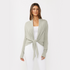 Front view of women’s heather green waffle knit long sleeve tie front cardigan on model – Louvóre athleisure apparel