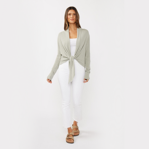 Full front view of women’s heather green waffle knit long sleeve tie front cardigan on model – Louvóre athleisure apparel