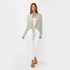 Full front view of women’s heather green waffle knit long sleeve tie front cardigan on model – Louvóre athleisure apparel