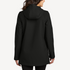 Back view of women’s black water-repellent long jacket on model – Louvóre apparel