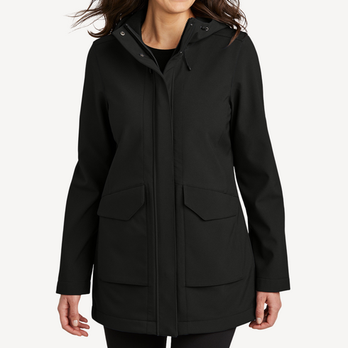 Front view of women’s black water-repellent long jacket on model – Louvóre apparel
