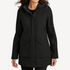 Front view of women’s black water-repellent long jacket on model – Louvóre apparel
