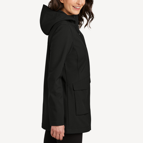 Side view of women’s black water-repellent long jacket on model – Louvóre apparel