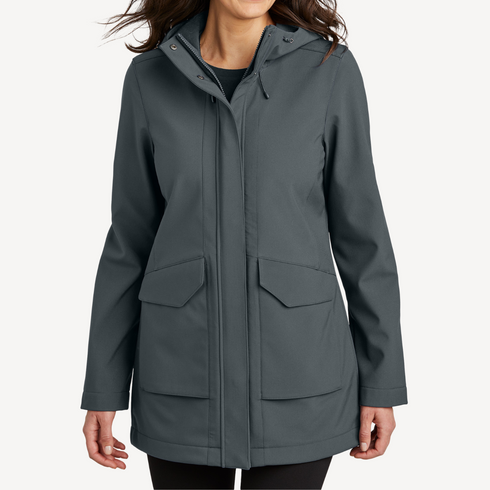 Front view of women’s gray water-repellent long jacket on model – Louvóre apparel