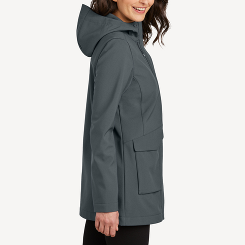 Side view of women’s gray water-repellent long jacket on model – Louvóre apparel
