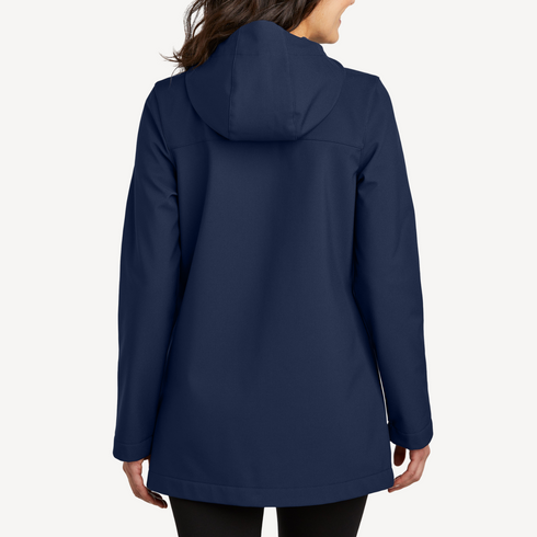 Back view of women’s navy water-repellent long jacket on model – Louvóre apparel