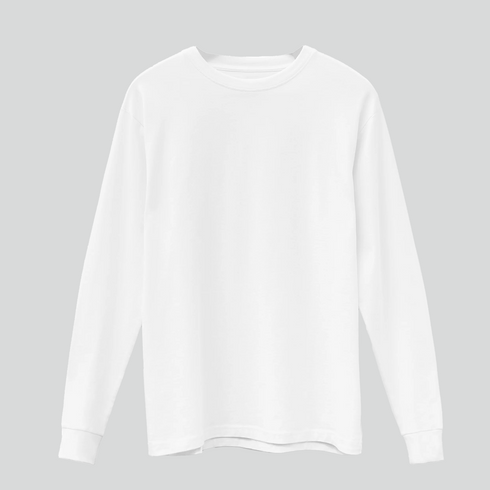A blank white long-sleeve crewneck shirt shown flat against a solid light gray background.