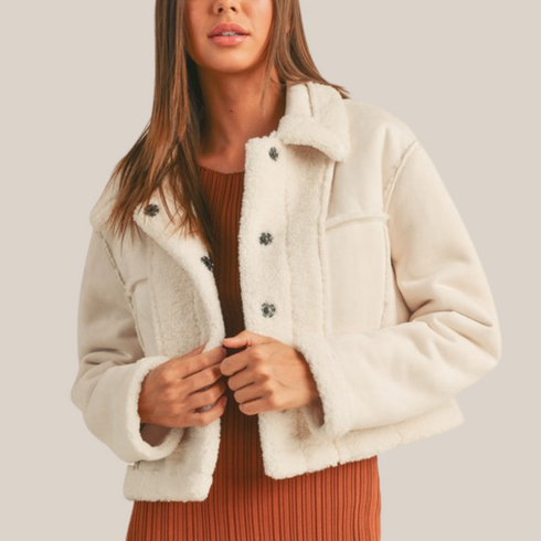Women's Reversible Suede Sherpa Jacket - Beige Cream