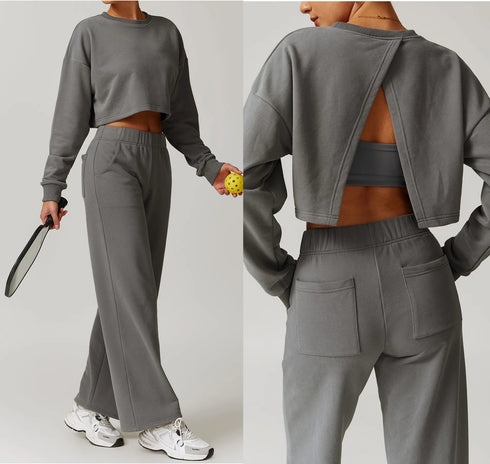 Women's Open Back Cropped Top Wide Boot Pant Set